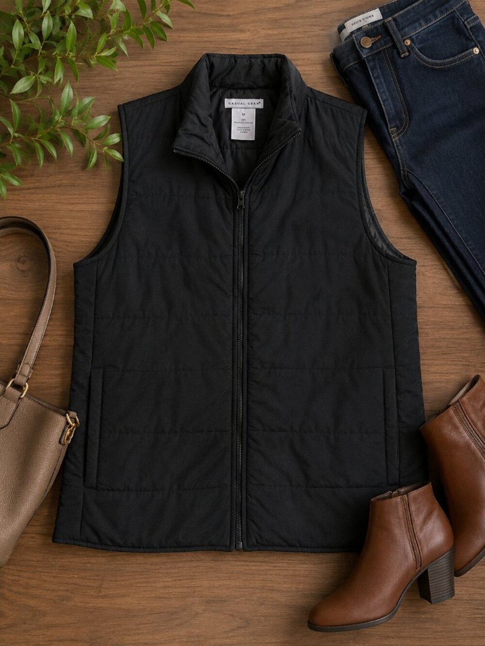 Casual Gear Black Sleeveless Quilted Front Zip-up / Lightweight Puffer Vest Sz M